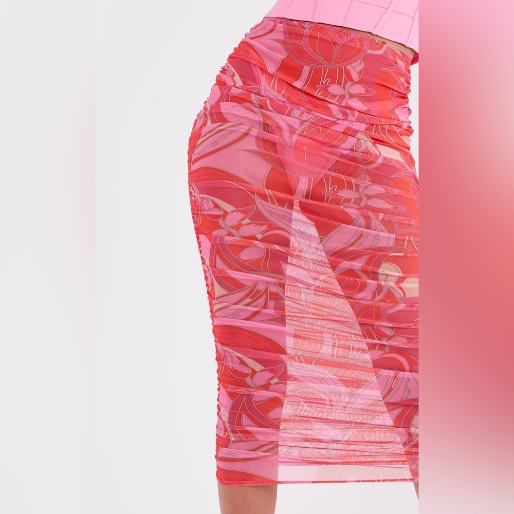 PrettyLittleThing NWT Pink Floral Mesh Ruched Midaxi Skirt Bodycon Size 8